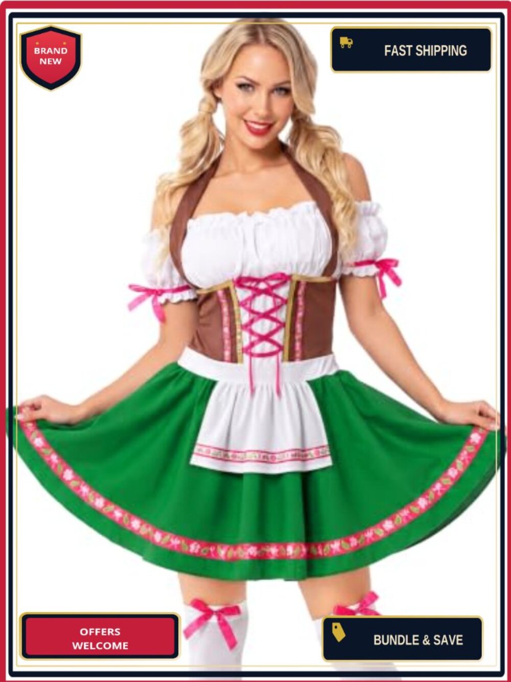 Oktoberfest Dirndl Dress Costume Set with Thigh High Stockings